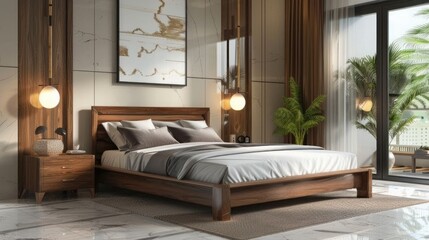 Modern exclusive style Master bedroom with cozy wooden bed, comfortable mattress, Neat bedsheet, Expensive acrylic paint, colorful, artistic, Wall arts, Lamps, side view.