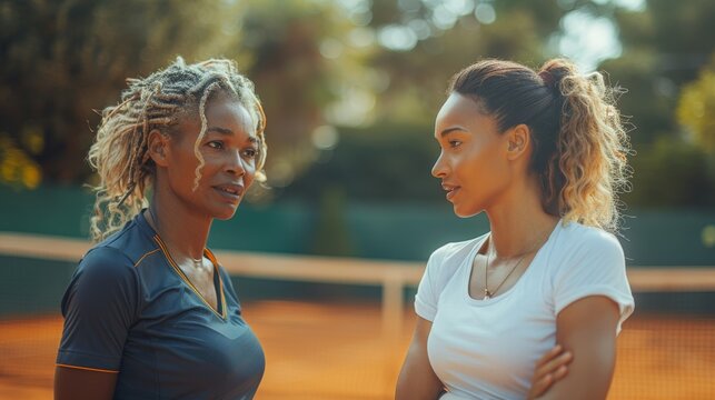 personalized tennis instruction, african american woman learning tennis from a caucasian coach on a clay court, with trees in background creating a serene and focused atmosphere