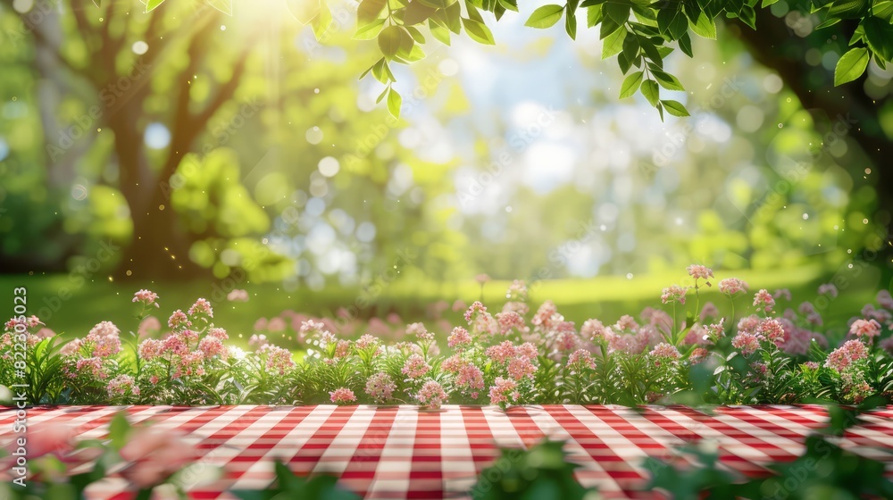 Poster A checkered picnic table with a red and white checkered tablecloth