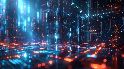 Futuristic digital cityscape with neon lights and circuit board patterns, representing advanced technology and interconnected networks.