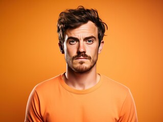 Peach background sad european white man realistic person portrait of young beautiful bad mood expression man Isolated on Background depression anxiety