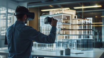 Engineer with Virtual Reality Headset Interacting with 3D Building Model in Modern Office Environment