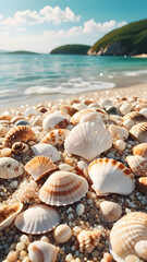 Seashells in various shapes and sizes litter the sandy shore bathed in warm summer sun