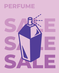 Perfume fragrance sale poster sign with spray bottle icon illustration isolated on vertical pink background. Simple flat cartoon styled drawing for poster prints.