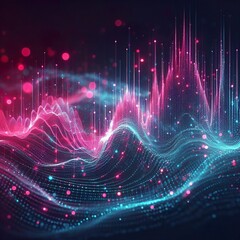 abstract illustration of pink blue frequency signal waves as particles passing in medium against dark background