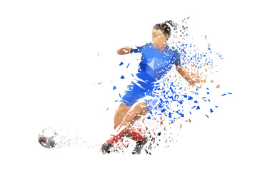 Football, woman playing soccer, isolated low poly vector illustration with dispersion effect