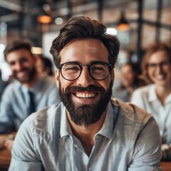 Obraz premium A cheerful business team portrait in an office, featuring a man in the foreground and his colleagues laughing behind him