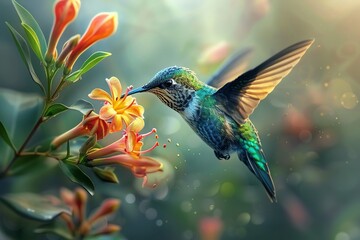 A colorful hummingbird hovering near a honeysuckle flower, its beak deep inside the trumpetshaped bloom to sip nectar