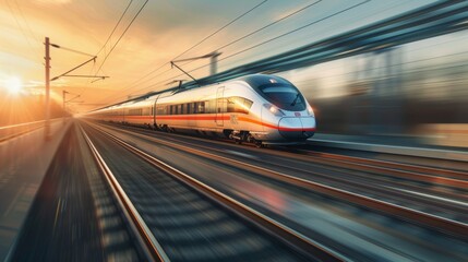 Fototapeta premium Modern High-Speed Train Gliding Through Countryside at Sunrise - Transportation Technology and Design for Poster or Print