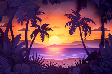 Obraz premium An artistic paper cut depiction of a summer evening sky, with layered clouds in various shades of pink, orange, and yellow, and a glowing sun setting behind a calm ocean