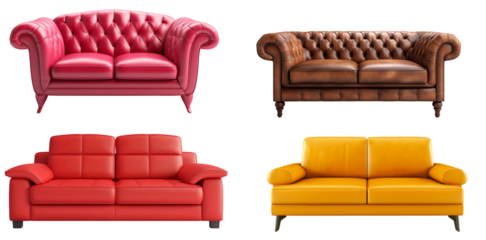 Red, brown, and yellow sofas collection isolated on transparent or white background