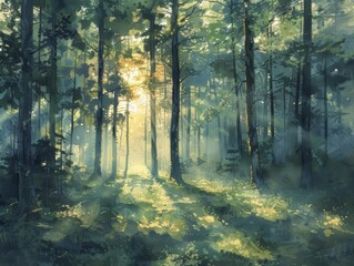 Obraz premium Wide-angle view of a serene forest at dawn, soft pastel colors, photorealistic, sunlight filtering through the trees creating long shadows, a gentle mist hovering above the ground