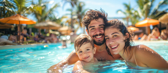 happy family with a child having fun and relaxing in indoor swimming pool at hotel resort banner. Aqua park. Summer Vacation. Weekend on resort. Hotel activities. Copy space