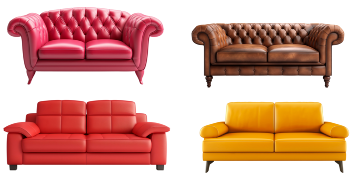 Red, brown, and yellow sofas collection isolated on transparent or white background