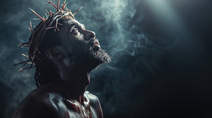 Black Jesus Wearing Crown of Thorns Side Profile in Smoke - Serene and Contemplative Spiritual...