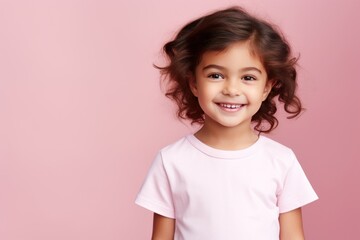 Pink background Happy european white child realistic person portrait of young beautiful Smiling child Isolated on Background Banner with copyspace 