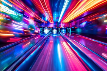 Dynamic Motion and Colorful Lighting in Bowling Alley Scene - Striking Bowling Ball Hitting Pins