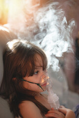 Kid girl use nebulizer tool