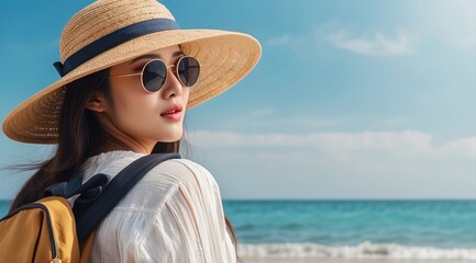 Beautiful attractive asian woman model wearing beach hat, sunglasses and backpacks going to travel on holidays on blue beach sky background