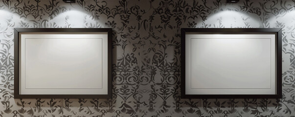 In a contemporary architectural studio, two white frames with dark borders are displayed against a wall with a sophisticated damask . 