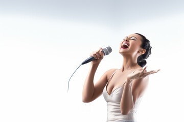 Portrait of a content asian woman in her 40s dancing and singing song in microphone in front of plain white digital canvas