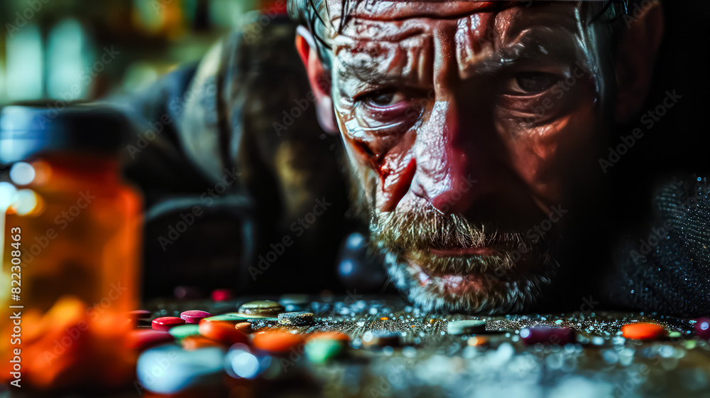 Poster a portrait of a man sitting next to narcotics pills, highlighting the issue of drug dependency and t
