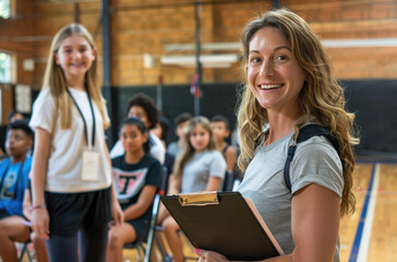 A smiling female sports coach in her thirties stands holding an over the shoulder clipboard next to sitting middle school students