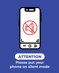 Please put your phone on silent mode with audio mute sign banner illustration isolated on vertical blue background. Simple flat cartoon styled drawing for poster prints or social media graphic design.
