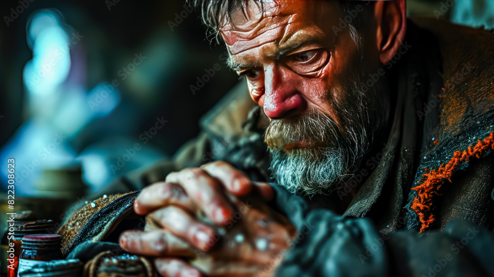 Poster a portrait of a man sitting next to narcotics pills, highlighting the issue of drug dependency and t