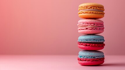 A stack of four different colored macarons on a pink background