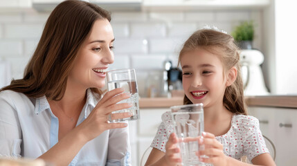 Young beautiful mother and little girl drinking fresh pure water from glasses in kitchen Happy mom and daughter holding glasses with water. Eating habits, water filter advertisement, healthy nutrition © Dina Photo Stories