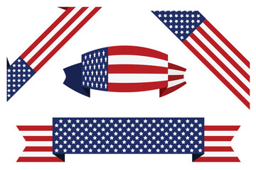 set of Red white blue american flag ribbon USA banner