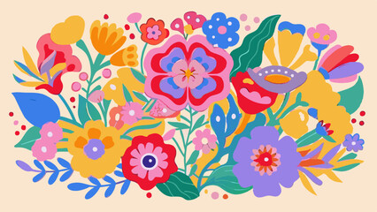 Vibrant Floral Illustration with Colorful Blossoms and Leaves