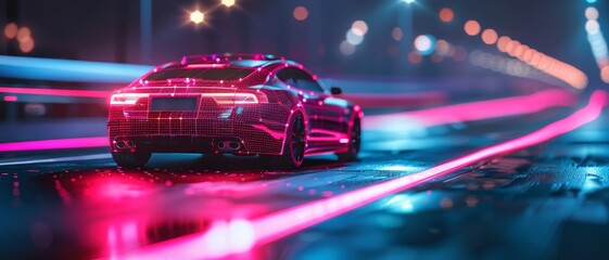 Futuristic red sports car driving through a neon-lit city street at night, evoking a sense of speed and modern technology in a cyberpunk setting.