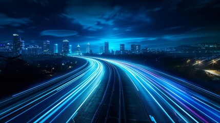 abstract blue light trails on road data transfer speed and digitization concept long exposure photography