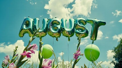 lime green color foil balloons shaped text "AUGUST" with gladiolus flowers against a sunny sky