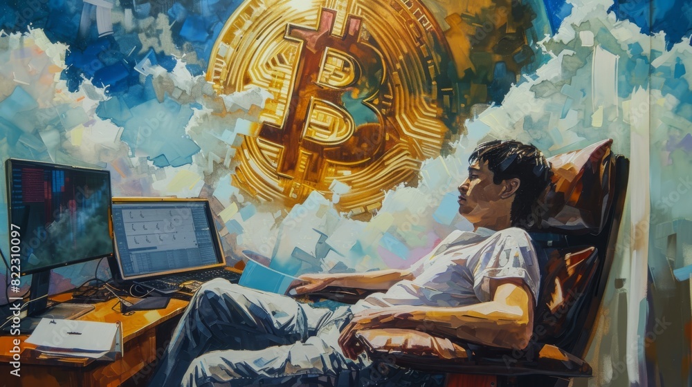 Poster an artistic depiction of a man relaxing in a chair, with a large bitcoin symbol and fragmented digit