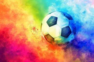 Fototapeta premium A soccer ball stands out against an abstract, multicolored background filled with chaotic patterns and colors.