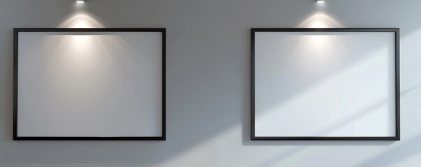 Inside a contemporary architectural office, featuring two empty white frames with dark borders. Both frames are positioned 