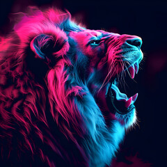 Realistic lion mouth open roaring neon blue and pink