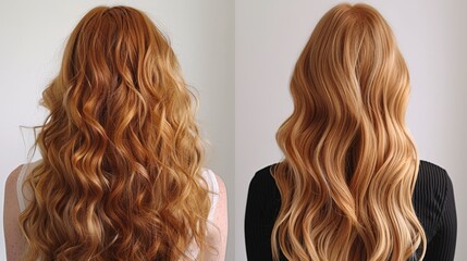 Photo before after Hair transformation, photo before after: long blonde hair becomes smooth and shiny with natural highlights