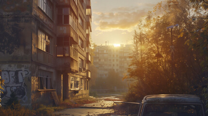 Abandoned Soviet-era building with graffiti at dawn, bathed in warm sunlight