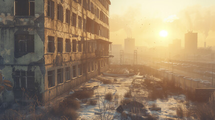 Abandoned building at sunrise, winter urban decay scene - Powered by Adobe