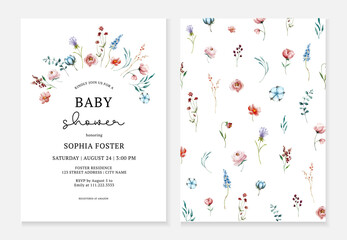 Wildflowers and botanical leaves watercolor hand drawing. Universal templates for baby shower, wedding and birthday invitations, menu and greeting cards