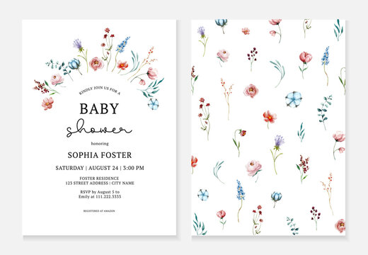 Wildflowers and botanical leaves watercolor hand drawing. Universal templates for baby shower, wedding and birthday invitations, menu and greeting cards