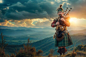 Cultural Serenade: Experiencing the Scottish Hornpipe Played in a Kilt on a Scenic Hill at Sunset, Against a Beautiful Landscape. Copy Space.