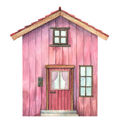 Watercolor tiny pink house facade. Hand drawn cute wooden cabin illustration, front view with timber plank walls. High resolution rustic house drawing