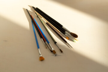 High angle view of series of artist paint brushes of different sizes set on pale wooden table in ray of sunshine