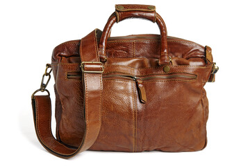 Brown leather briefcase made of rawhide cowhide handmade. Laptop and document bag
