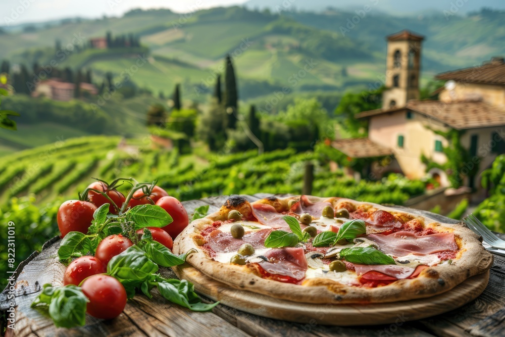 Wall mural Experience Authentic Tuscan Dining: Enjoy a Margherita Pizza at a Rustic Vineyard Pizzeria Amidst Tuscany's Rolling Hills and Grape Vines. - Wall murals